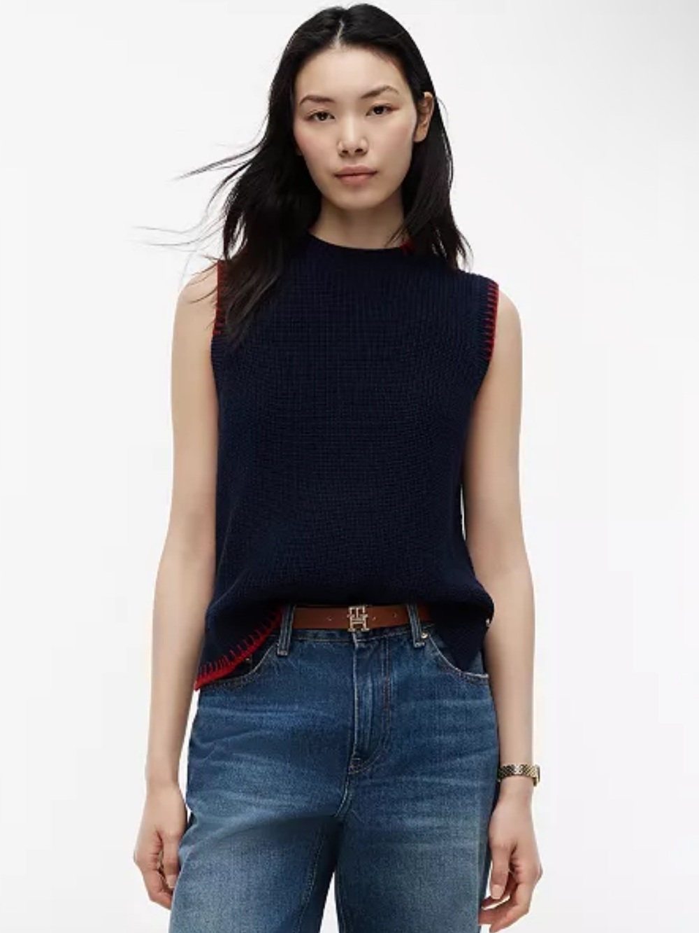 Tommy Hilfiger Navy Sleeveless Knit Tank with Red Trim